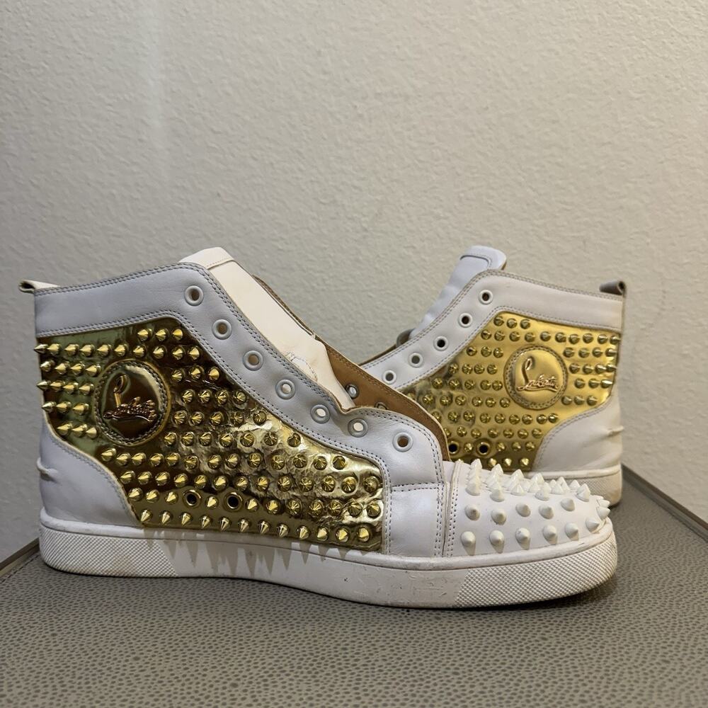 Christian Louboutin Men White/Gold High Top Lace-Up Spiked Sneakers Sz 47